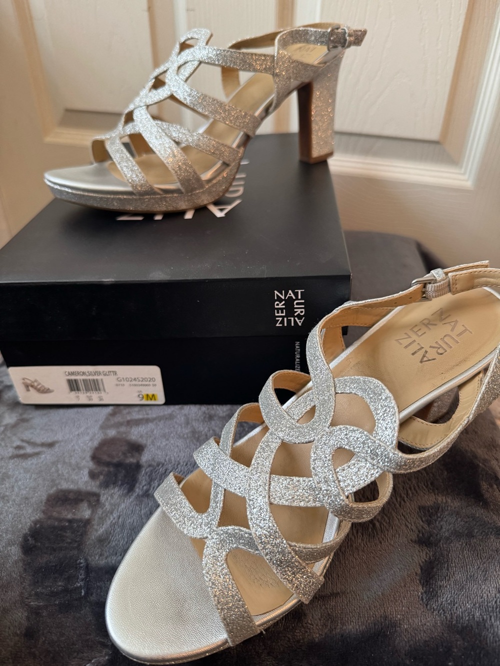 Naturalizer Silver Glitter Strappy Block Heel Sandals